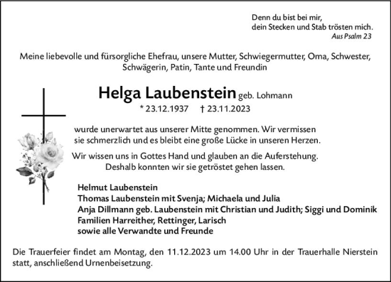 Traueranzeige von Helga Laubenstein von Allgemeine Zeitung Mainz
