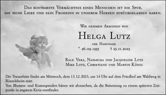 Traueranzeige von Helga Lutz von Rüsselsheimer Echo