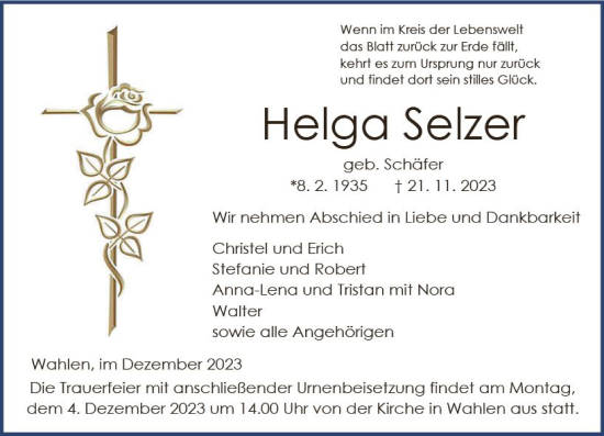 Traueranzeige von Helga Selzer von VRM Trauer