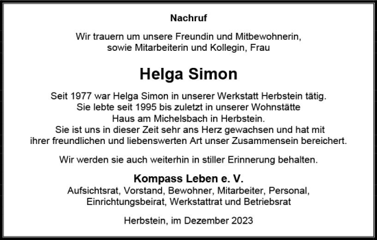 Traueranzeige von Helga Simon von VRM Trauer