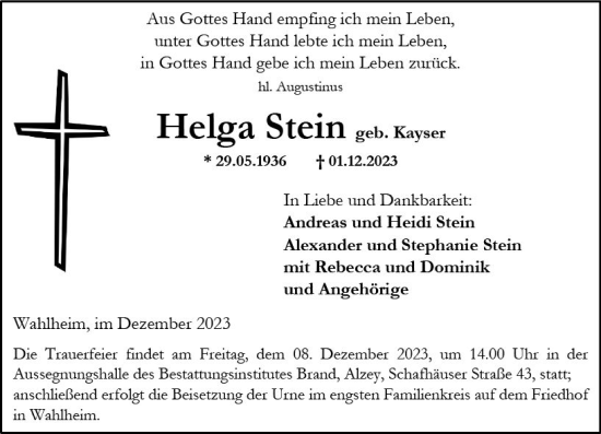 Traueranzeige von Helga Stein von Allgemeine Zeitung Alzey