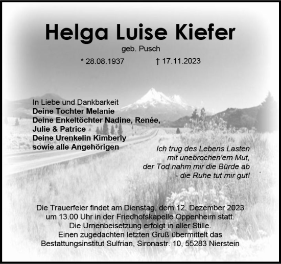 Traueranzeige von Helga Luise Kiefer von Allgemeine Zeitung Mainz