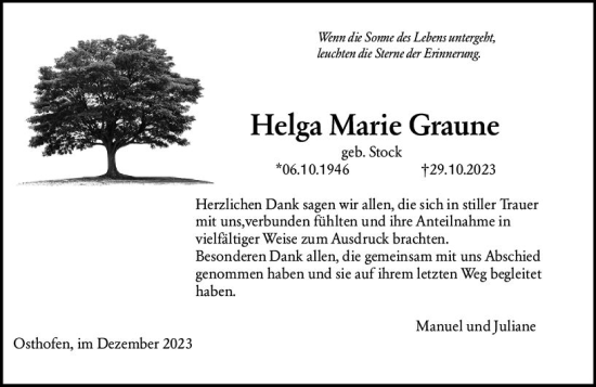 Traueranzeige von Helga Marie Graune von Wormser Zeitung