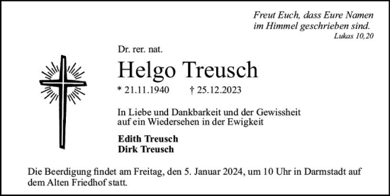Traueranzeige von Helgo Treusch von Darmstädter Echo