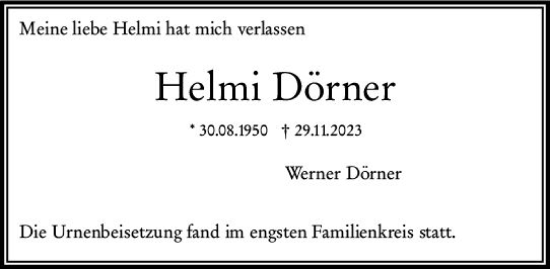 Traueranzeige von Helmi Dörner von Wiesbadener Kurier