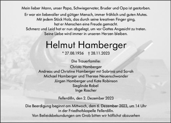 Traueranzeige von Helmut Hamberger von Dill Block