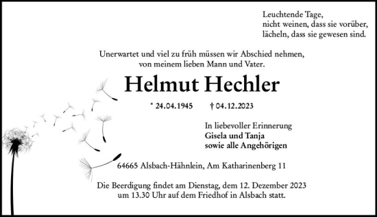 Traueranzeige von Helmut Hechler von Darmstädter Echo