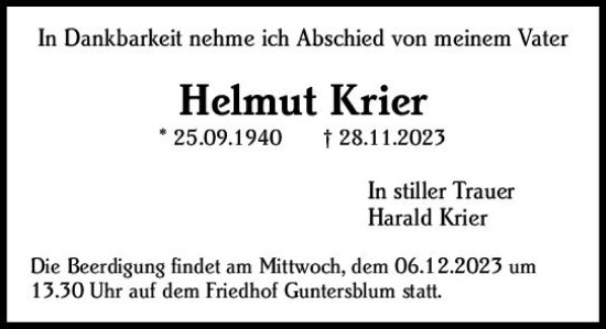Traueranzeige von Helmut Krier von Allgemeine Zeitung Mainz