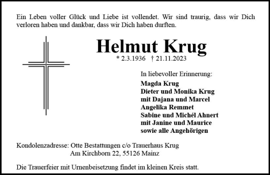 Traueranzeige von Helmut Krug von Allgemeine Zeitung Mainz