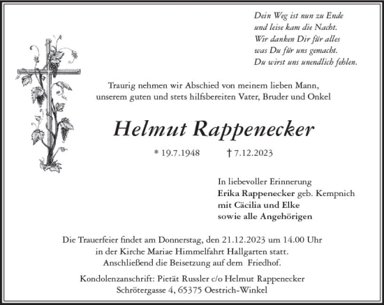 Traueranzeige von Helmut Rappenecker von Rheingau Kurier