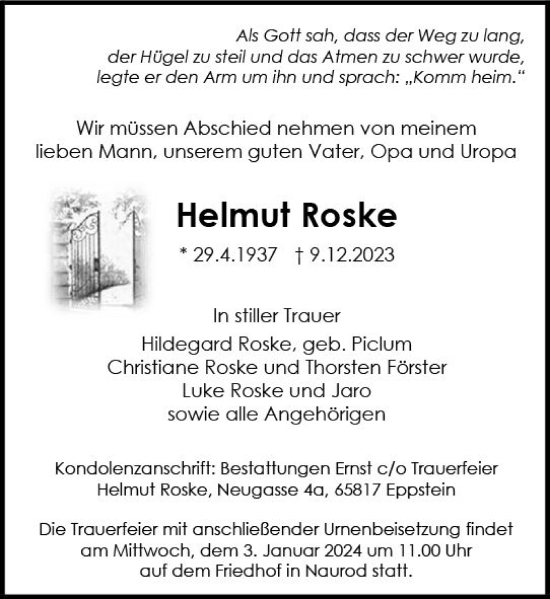Traueranzeige von Helmut Roske von Wiesbadener Kurier