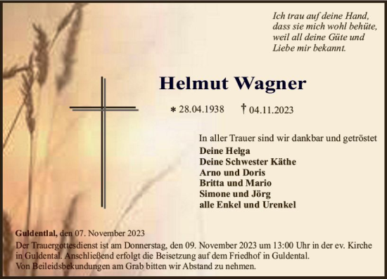 Traueranzeige von Helmut Wagner von Allgemeine Zeitung Bad Kreuznach