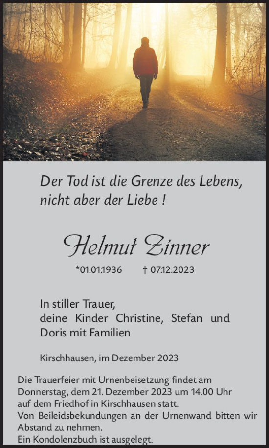 Traueranzeige von Helmut Zinner von Starkenburger Echo