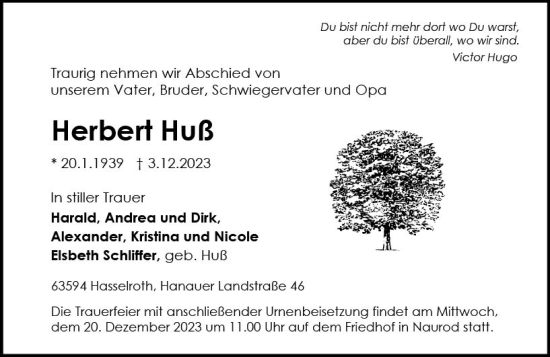 Traueranzeige von Herbert Huß von Wiesbadener Kurier