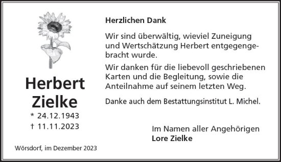 Traueranzeige von Herbert Zielke von Idsteiner Land/Untertaunus