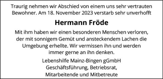 Traueranzeige von Hermann Fröde von Allgemeine Zeitung Mainz