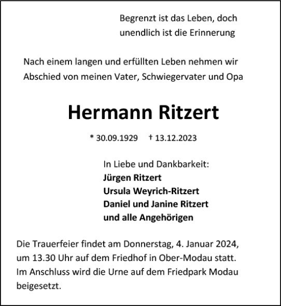 Traueranzeige von Hermann Ritzert von Darmstädter Echo