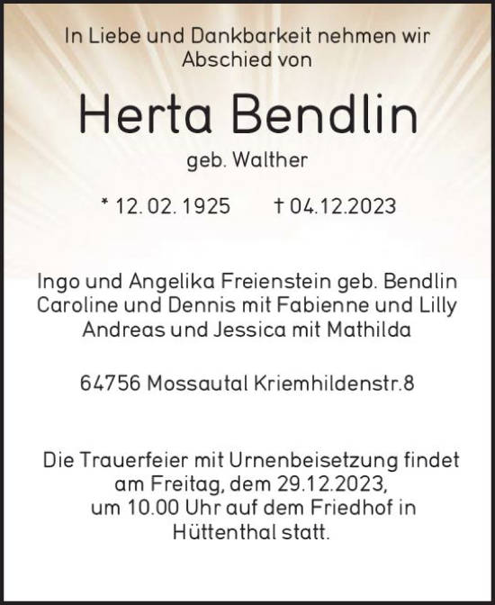 Traueranzeige von Herta Bendlin von Odenwälder Echo