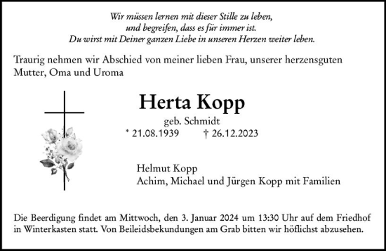 Traueranzeige von Herta Kopp von Bergsträßer Anzeiger