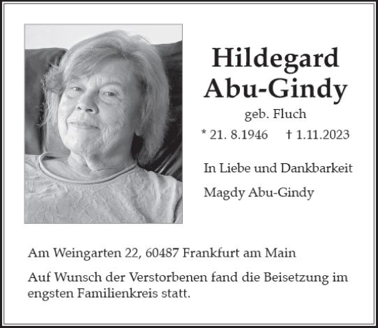 Traueranzeige von Hildegard Abu-Gindy von Wiesbadener Kurier Traueranzeige von Hildegard Abu-Gindy von Wiesbadener Kurier