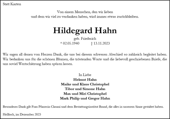 Traueranzeige von Hildegard Hahn von Wormser Zeitung