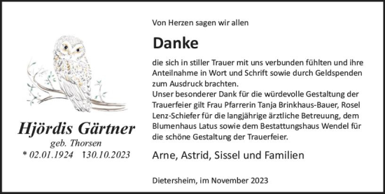 Traueranzeige von Hjördis Gärtner von Allgemeine Zeitung Bingen/Ingelheim