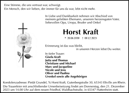 Traueranzeige von Horst Kraft von Rheingau Kurier