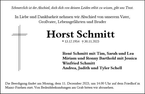 Traueranzeige von Horst Schmitt von Allgemeine Zeitung Mainz