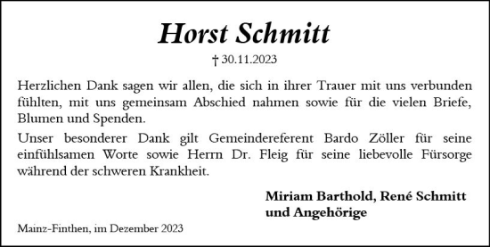 Traueranzeige von Horst Schmitt von Allgemeine Zeitung Mainz