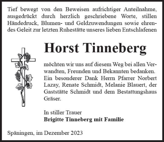 Traueranzeige von Horst Tinneberg von Wormser Zeitung