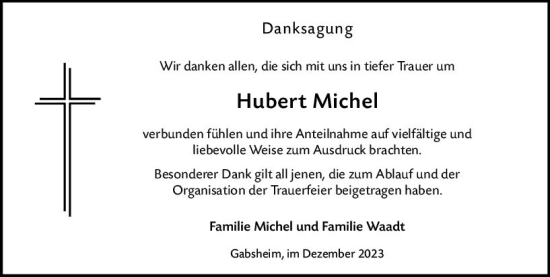 Traueranzeige von Hubert Michel von Allgemeine Zeitung Alzey