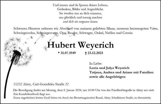 Traueranzeige von Hubert Weyerich von Allgemeine Zeitung Alzey