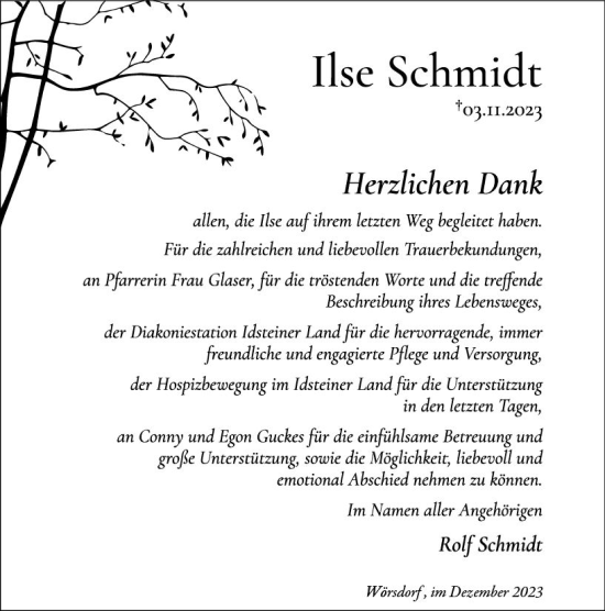 Traueranzeige von Ilse Schmidt von Wiesbadener Kurier