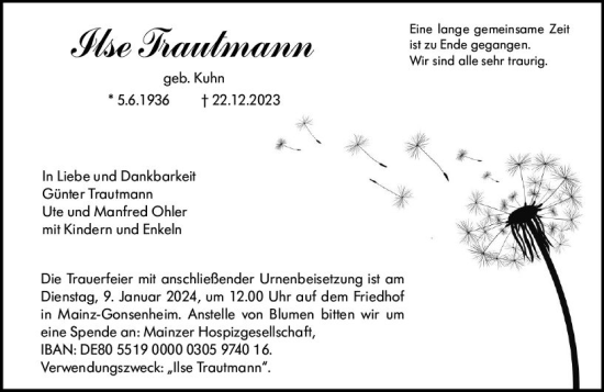 Traueranzeige von Ilse Trautmann von Allgemeine Zeitung Mainz