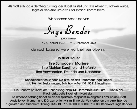 Traueranzeige von Inge Bender von Allgemeine Zeitung Bad Kreuznach
