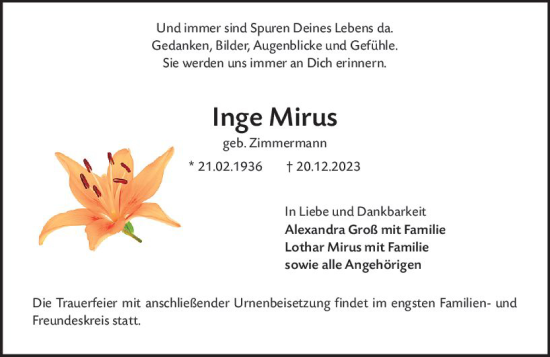 Traueranzeige von Inge Mirus von Groß-Gerauer Echo