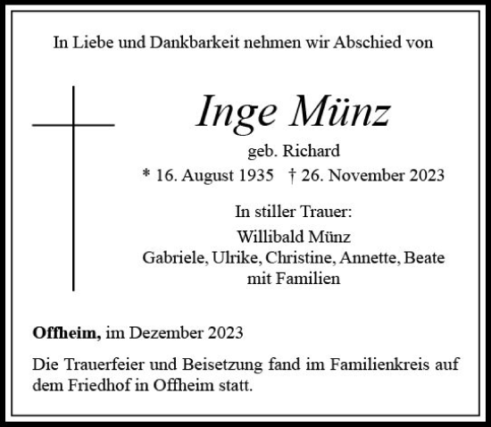 Traueranzeige von Inge Münz von Nassauische Neue Presse