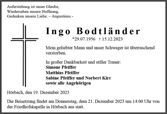 Traueranzeige von Ingo Bodtländer von Dill Block