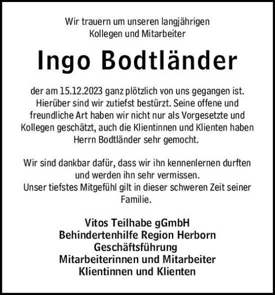 Traueranzeige von Ingo Bodtländer von Dill Block