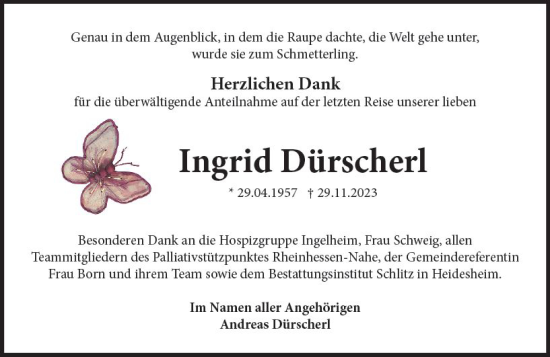Traueranzeige von Ingrid Dürscherl von Allgemeine Zeitung Bingen/Ingelheim