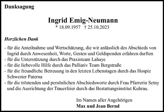 Traueranzeige von Ingrid Emig-Neumann von Starkenburger Echo