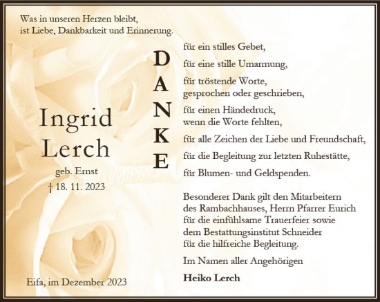 Traueranzeige von Ingrid Lerch von Oberhessen Kurier