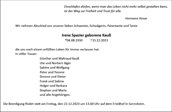 Traueranzeige von Irene Spazier von Groß-Gerauer Echo