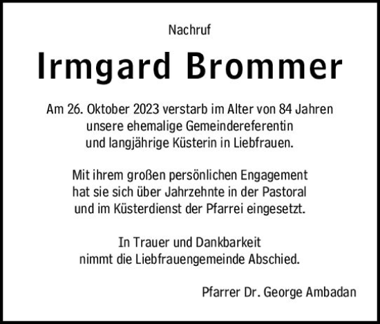 Traueranzeige von Irmgard Brommer von Wormser Zeitung