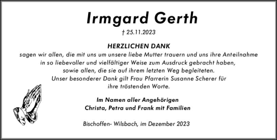 Traueranzeige von Irmgard Gerth von Wetzlarer Neue Zeitung