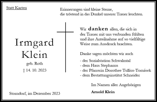 Traueranzeige von Irmgard Klein von Oberhessen Kurier
