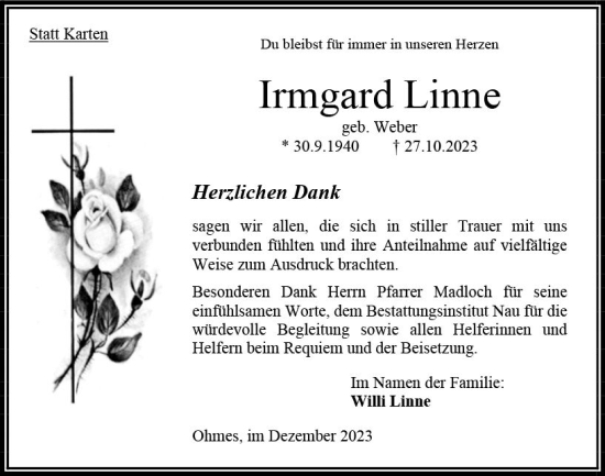 Traueranzeige von Irmgard Linne von Oberhessen Kurier Traueranzeige von Irmgard Linne von Oberhessen Kurier