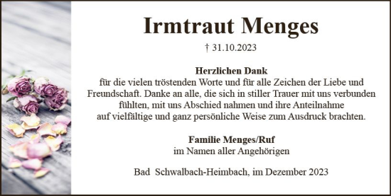 Traueranzeige von Irmtraut Menges von Idsteiner Land/Untertaunus