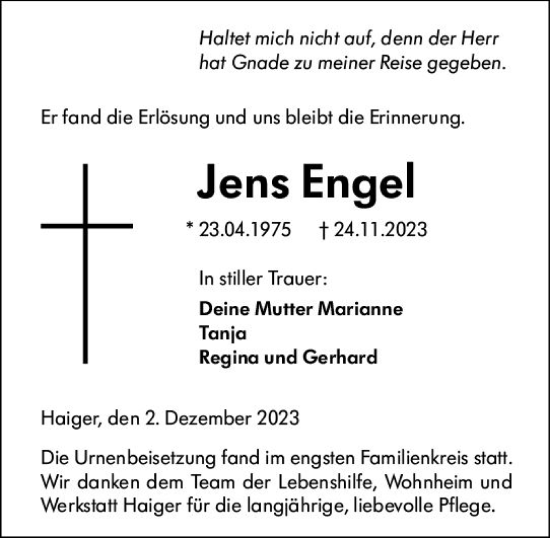Traueranzeige von Jens Engel von Dill Block