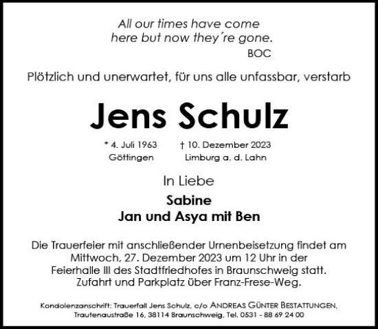 Traueranzeige von Jens Schulz von Nassauische Neue Presse